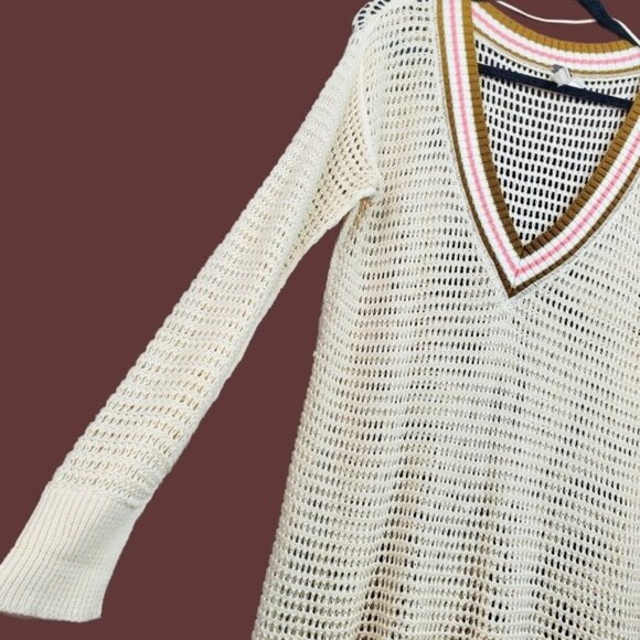 Free People We The Free Cream V-Neck Crochet Open Knit Pullover Sweater Size M - Picture 4 of 5